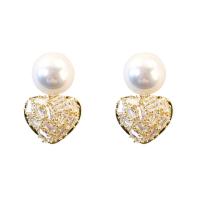 Cubic Zirconia Micro Pave Brass Earring Heart 18K gold plated fashion jewelry & micro pave cubic zirconia & for woman golden nickel lead & cadmium free Sold By Pair