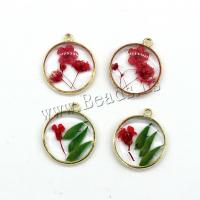 Resin Pendant, with Dried Flower & Tibetan Style, Flat Round, gold color plated, DIY & epoxy gel, more colors for choice, Approx 100PCs/Bag, Sold By Bag