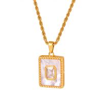 Titanium Steel Necklace, with White Shell, 18K gold plated, fashion jewelry & micro pave cubic zirconia & for woman, golden, 15x22mm, Length:Approx 19.69 Inch, Sold By PC