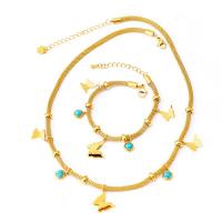 Jewelry Sets, Titanium Steel, with turquoise, with 2.36inch,1.77inch extender chain, Butterfly, plated, fashion jewelry & different styles for choice & for woman, golden, Length:Approx 16.54 Inch, Approx 6.5 Inch, Sold By PC
