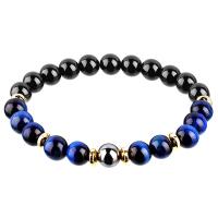 Bracelets de pierres précieuses, Obsidienne, avec Pierre de Noir-Magnetic & oeil de tigre, Rond, bijoux de mode & unisexe, bleu, 8mm, Longueur:7 pouce, Vendu par PC