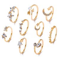 aleación de zinc Anillo Set, chapado en color dorado, ajustable & para mujer & con diamantes de imitación, Vendido por Set