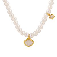 Freshwater Pearl Brass Necklace with Freshwater Shell & Freshwater Pearl with 5cm extender chain gold color plated fashion jewelry & micro pave cubic zirconia & for woman two different colored Sold Per 40 cm Strand