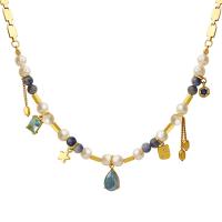 Brass Necklace with Glass Stone & Natural Stone & Titanium Steel & Quartz gold color plated fashion jewelry & for woman multi-colored Sold Per 42 cm Strand