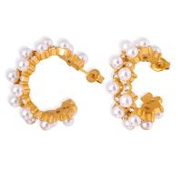Titanium Steel  Earring with Shell Pearl Vacuum Ion Plating fashion jewelry & Czech Rhinestone Clay Pave & for woman two different colored Sold By Pair