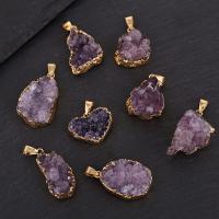 Pendentifs quartz naturel, améthyste, avec laiton, Placage de couleur d'or, DIY & mélangé, violet, 30mm, Vendu par PC