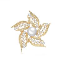 Tibetan Style Brooches, with Plastic Pearl, Flower, gold color plated, vintage & fashion jewelry & for woman, white, nickel, lead & cadmium free, 48x48mm, Sold By PC