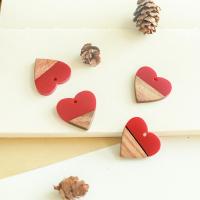 Pendentifs en bois, avec résine, coeur, DIY, rouge, 25x25mm, Environ 50PC/sac, Vendu par sac