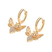 Brass Huggie Hoop Drop Earring Bee gold color plated for woman & with rhinestone Sold By Pair