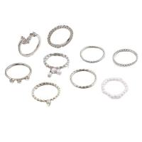 aleación de zinc Anillo Set, con Perlas plásticas, chapado, nueve piezas & para mujer & con diamantes de imitación, más colores para la opción, tamaño:5.5-6.5, Vendido por Set
