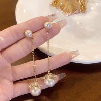 perle de plastique Boucle d'oreille goutte, avec alliage de zinc, Placage de couleur d'or, bijoux de mode & pavé de micro zircon & pour femme, 15x65mm, Vendu par paire