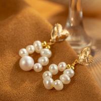 Freshwater Pearl Earrings with Brass real gold plated fashion jewelry & micro pave cubic zirconia & for woman white Sold By Pair