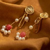 Freshwater Pearl Earrings, with Strawberry Quartz & Brass, real gold plated, fashion jewelry & for woman, 60x16mm, Sold By Pair