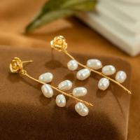Freshwater Pearl Earrings, with Brass, real gold plated, fashion jewelry & for woman, white, 60x20mm, Sold By Pair