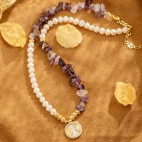 Collier de chaîne en laiton de perles d'eau douce, perle d'eau douce cultivée, avec améthyste & laiton, avec 5cm chaînes de rallonge, Plaqué d'or, bijoux de mode & pour femme, Longueur:Environ 37 cm, Vendu par PC