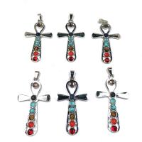 Gemstone Pendants Jewelry, Tibetan Style, with Gemstone, Cross, silver color plated, DIY, multi-colored, nickel, lead & cadmium free, 30x50mm, Sold By PC