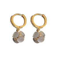 Brass Huggie Hoop Drop Earring, with Cats Eye, Hydrangeas, gold color plated, for woman & with rhinestone, 10x20mm, Sold By Pair