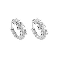 Brass Huggie Hoop Earring Flower silver color plated micro pave cubic zirconia & for woman Sold By Pair