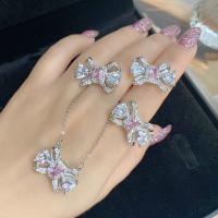 Brass Jewelry Set, Stud Earring & finger ring & necklace, with Crystal, Bowknot, platinum plated, three pieces & micro pave cubic zirconia & for woman, more colors for choice, US Ring Size:6-8, Length:Approx 16 Inch, Sold By Set