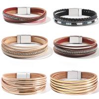 PU Leather Bracelet, with Copper, plated, multilayer & for woman & with rhinestone, more colors for choice, Length:Approx 7.9 Inch, Sold By PC