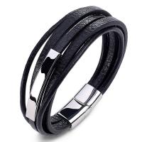 ПУ шнур браслеты, Искусственная кожа, с Нержавеющая сталь 304, Винтаж & различной длины для выбора & Мужский, черный, продается PC