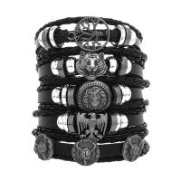 PU Leather Cord Bracelets, with Copper Coated Plastic & Tibetan Style, 5 pieces & punk style & adjustable & for man, black, Length:Approx 18-23 cm, Sold By Set
