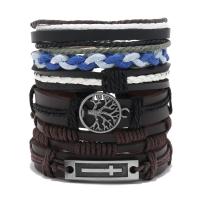 PU Leather Cord Bracelets, with Wax Cord & Tibetan Style, handmade, 6 pieces & vintage & adjustable & for man, mixed colors, Length:Approx 18-23 cm, Sold By Set