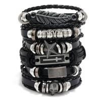 PU Leather Cord Bracelets, with Wax Cord & Copper Coated Plastic & Tibetan Style, handmade, 6 pieces & punk style & adjustable & for man, more colors for choice, Length:Approx 18-23 cm, Sold By Set