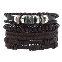 PU Leather Cord Bracelets with Wax Cord & Copper Coated Plastic & Zinc Alloy handmade vintage & 4 pieces & adjustable & for man brown Length Approx 18-23 cm Sold By Set