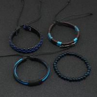 Tibetan Style Bracelet, with Glass Beads & PU Leather Cord & Wax Cord, handmade, 4 pieces & fashion jewelry & for man, Sold By Set