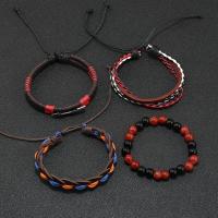 Tibetan Style Bracelet, with PU Leather Cord & Wax Cord & Wood, handmade, 4 pieces & fashion jewelry & for man, Sold By Set