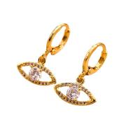 Brass Huggie Hoop Drop Earring, Evil Eye, gold color plated, for woman & with cubic zirconia & hollow, 20x30mm, Sold By Pair