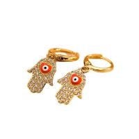 Brass Huggie Hoop Drop Earring, Hamsa, gold color plated, for woman & enamel & with rhinestone, 20x30mm, Sold By Pair