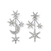 Tibetan Style Asymmetric Earrings, Moon and Star, silver color plated, fashion jewelry & for woman & with rhinestone, 20x80mm, Sold By Pair