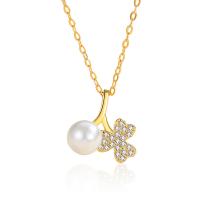 Cubic Zircon Micro Pave 925 Sterling Silver Necklace, with Glass Pearl, with 1.97inch extender chain, plated, fashion jewelry & micro pave cubic zirconia & for woman, more colors for choice, nickel, lead & cadmium free, Length:Approx 15.74 Inch, Sold By PC