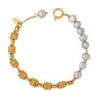 Brass Bracelet & Bangle, with Freshwater Pearl, with 0.87inch extender chain, gold color plated, fashion jewelry & for woman, golden, nickel, lead & cadmium free, Length:Approx 7.09 Inch, Sold By PC