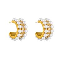 Titanium Steel  Earring, with Plastic Pearl, plated, fashion jewelry & for woman & with rhinestone, golden, 15mm, Sold By Pair