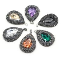 Gemstone Pendants Jewelry, PU Leather, with Glass Rhinestone & Rhinestone Clay Pave & Tibetan Style, Teardrop, DIY, more colors for choice, 38x53mm, Sold By PC