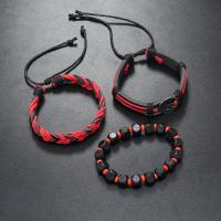 Tibetan Style Bracelet, with PU Leather Cord & Wax Cord & Wood, handmade, three pieces & fashion jewelry & for man, Sold By Set
