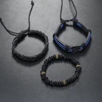 Bracelet en alliage de zinc, avec Cordon PU & corde de cire & bois, fait à la main, trois pièces & bijoux de mode & pour homme, Vendu par fixé