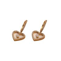 Cubic Zirconia Micro Pave Brass Earring with White Shell Heart plated micro pave cubic zirconia & for woman golden Sold By Pair