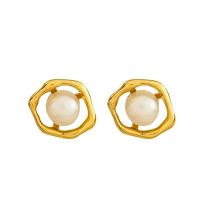 Brass Stud Earring, with Freshwater Pearl, plated, for woman, golden, 15x13mm, Sold By Pair