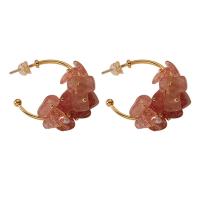 Brass Stud Earring with Freshwater Pearl & Strawberry Quartz plated for woman pink Sold By Pair