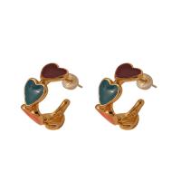 Brass Stud Earring Heart plated for woman & enamel golden Sold By Pair