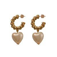 Messing Stud ørering, med Plastic Pearl, Heart, forgyldt, for kvinde, gylden, 46x23mm, Solgt af par
