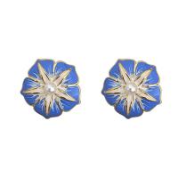 Brass Stud Earring with Plastic Pearl petals plated for woman & enamel blue 15mm Sold By Pair