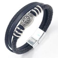 PU Leather Bracelet, with Cowhide & Tibetan Style, plated, vintage & multilayer & for man, black, Length:Approx 8.3 Inch, Sold By PC