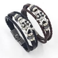 Cowhide Bracelet with Zinc Alloy Skull plated vintage & multilayer & for man Length Approx 8.3 Inch Sold By PC