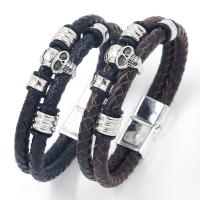 Cowhide Bracelet, with Tibetan Style, Skull, plated, Double Layer & vintage & for man, more colors for choice, 6mm, Length:Approx 8.3 Inch, Sold By PC