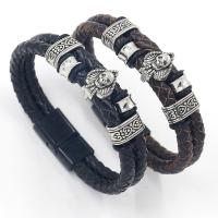 Cowhide Bracelet, with Tibetan Style, Skull, plated, Double Layer & vintage & for man, more colors for choice, 6mm, Length:Approx 8.3 Inch, Sold By PC